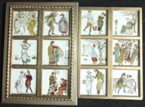 A group of twelve Minton tiles depicting nursery rhymes, each 15cm square, framed in two later