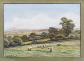 George Oyston SHEEP GRAZING WITH COTTAGE, TREES AND LANDSCAPE IN THE DISTANCE Signed watercolour,