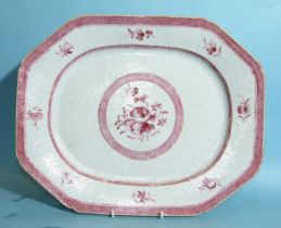 A large 18th century Chinese puce-decorated octagonal meat dish, 41cm long.