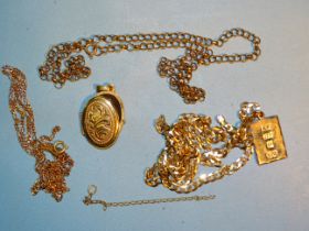 A 9ct gold neck chain, two other 9ct gold chains, (both in two pieces) and a locket (broken), 14.6g,