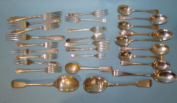 A pair of silver fiddle pattern tablespoons, Chester 1915, other silver spoons and forks, ___25oz,