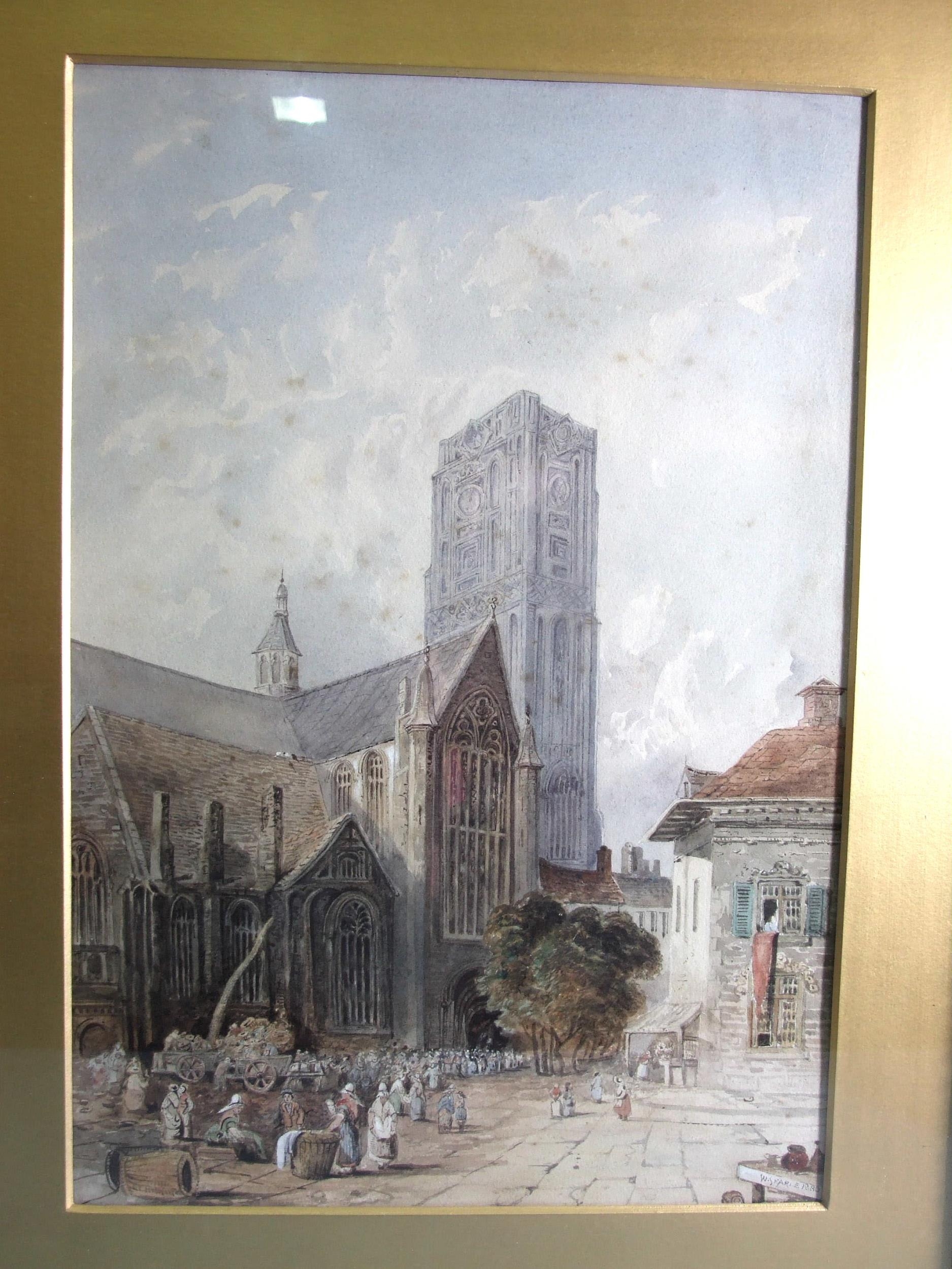 W Searle (British, 19th century) FIGURES OUTSIDE A CONTINENTAL CATHEDRAL CHURCH Signed - Image 6 of 9