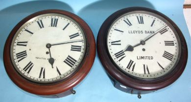 A walnut-cased circular wall clock with single fusée pendulum-driven movement, (pendulum lacking),