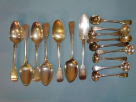 A collection of six 18th/early-19th century silver fiddle pattern dessert spoons, eight mustard