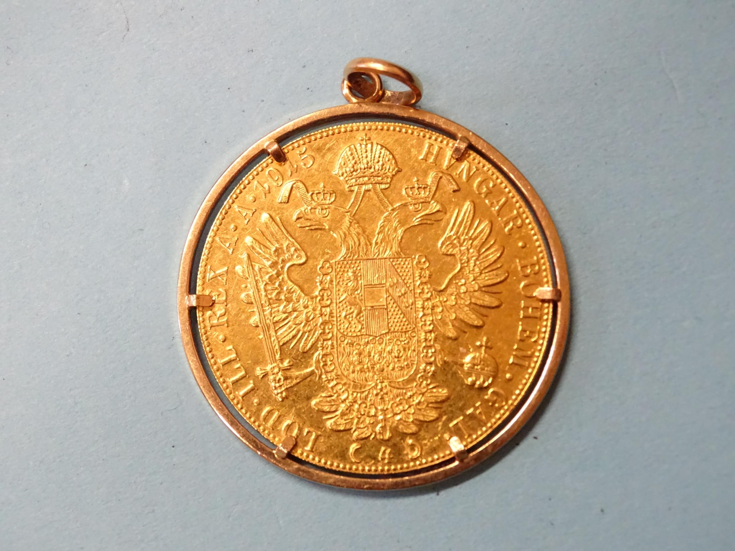 A 1915 Austria Francis Joseph I gold 4-ducat coin restrike, in 18ct gold pendant mount, 40mm, - Image 2 of 3