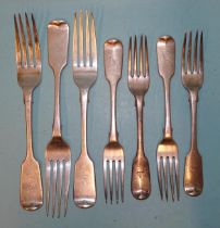 Three Victorian silver table forks, Exeter 1857, maker WP, together with four silver dessert