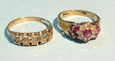 A 9ct gold ruby and diamond cluster ring, I, 2.7g and a 9ct gold ring set five diamonds, (with eight
