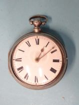 A silver pair-cased verge pocket watch, the white enamel dial with Roman numerals, the movement