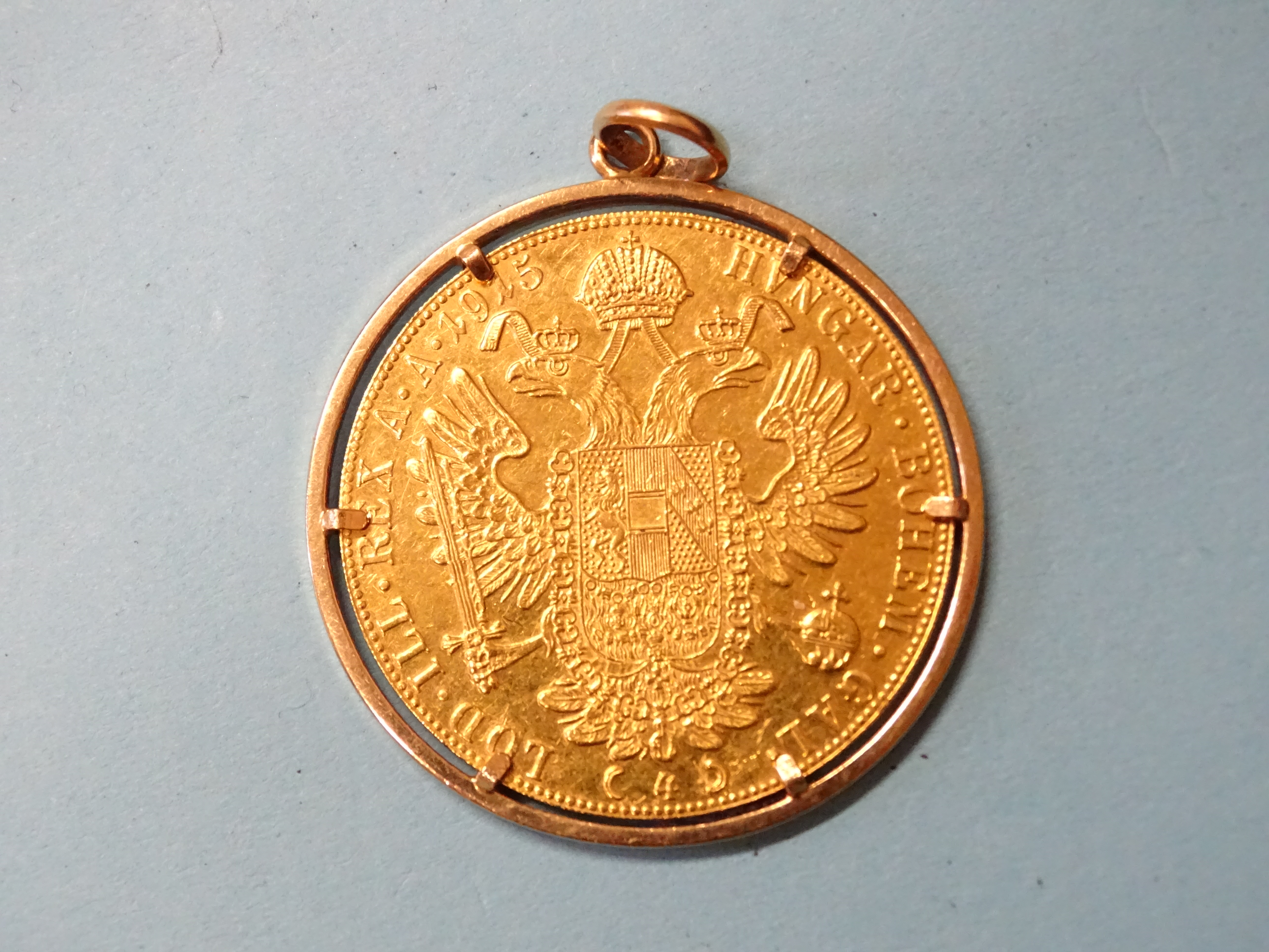 A 1915 Austria Francis Joseph I gold 4-ducat coin restrike, in 18ct gold pendant mount, 40mm, - Image 3 of 3