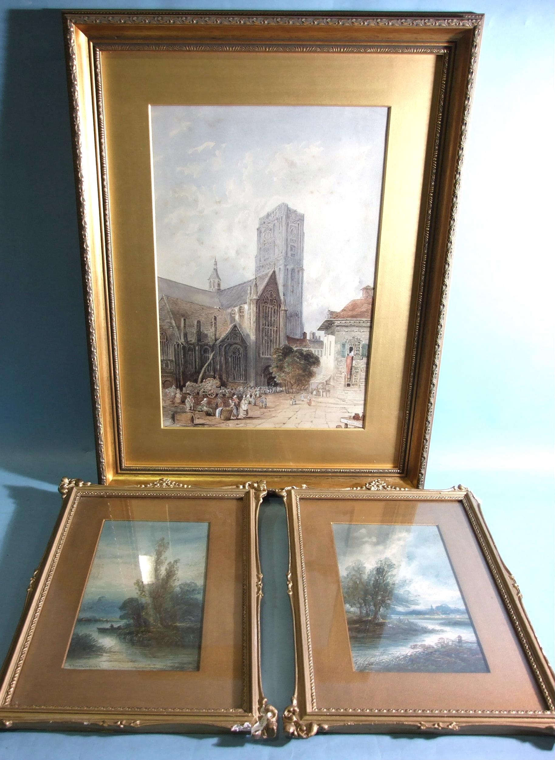 W Searle (British, 19th century) FIGURES OUTSIDE A CONTINENTAL CATHEDRAL CHURCH Signed