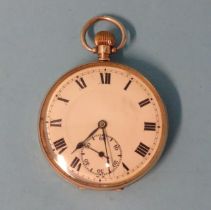 A 9ct-gold-cased top-wind pocket watch, the white enamel dial with Roman numerals and seconds