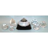 A Swarovski Chaton swirled large paperweight (A 7433 NR000 001), a pyramid-shaped paperweight and