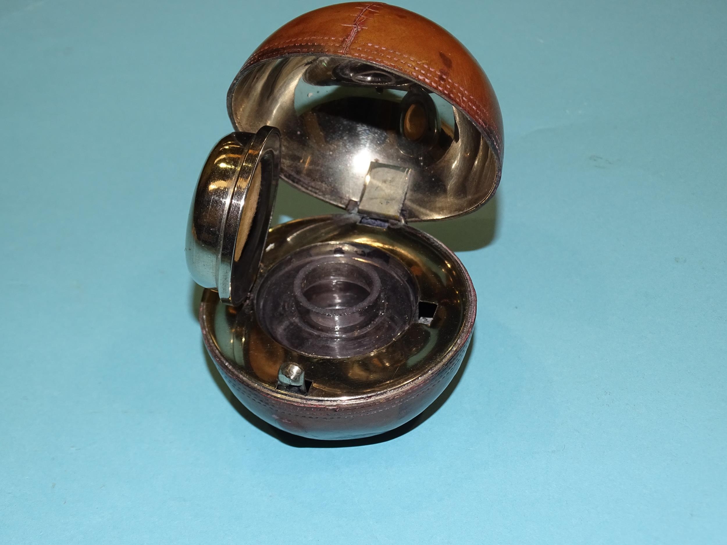 A vintage leather cricket ball novelty inkwell, the hinged top opening to reveal a plated dome top - Image 2 of 3