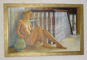 T Barlow, Portrait of a female nude figure with Green Jug, in an Interior, 75 x 22cm, signed oil