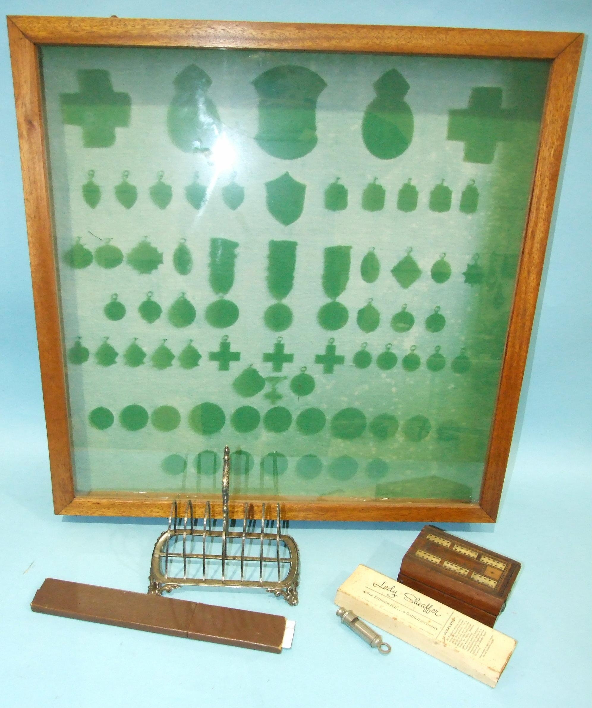 A Lady Sheaffer fountain pen in box and outer case, a plated toast rack, an Emca Boy Scout