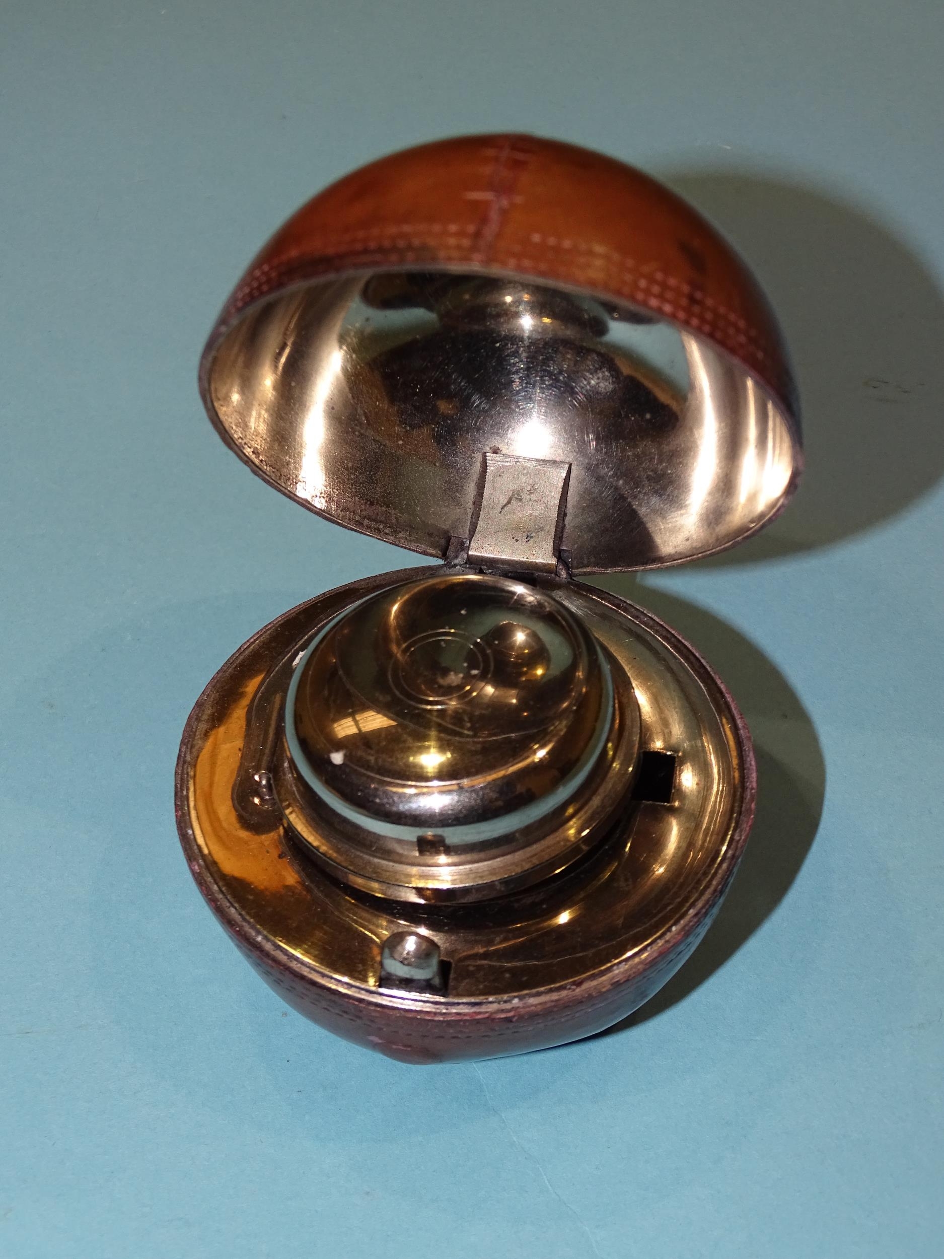 A vintage leather cricket ball novelty inkwell, the hinged top opening to reveal a plated dome top - Image 3 of 3