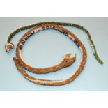 A Turkish Prisoner of War beaded snake dated 1914?, 67cm long and an unmarked smaller beaded