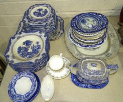 Twenty-six pieces of Adams blue and white 'Landscape' dinnerware, a Copeland Spode Italian blue