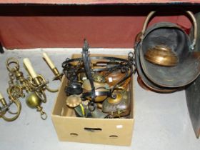 Two copper coal helmets, copper kettles, a brass hanging five-light fitting and other metalware.