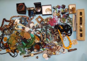 A quantity of costume jewellery, including art glass brooches, hardstone necklaces, watches, etc.