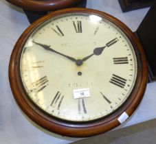A Victorian circular wall clock with mahogany frame, enamel dial signed Smith & Sons, Clerkenwell