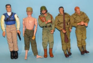 A 1996 Hasbro pistol-shooting Action Man, a 1964 Action Man (a/f), a 1996 GI Joe and two other
