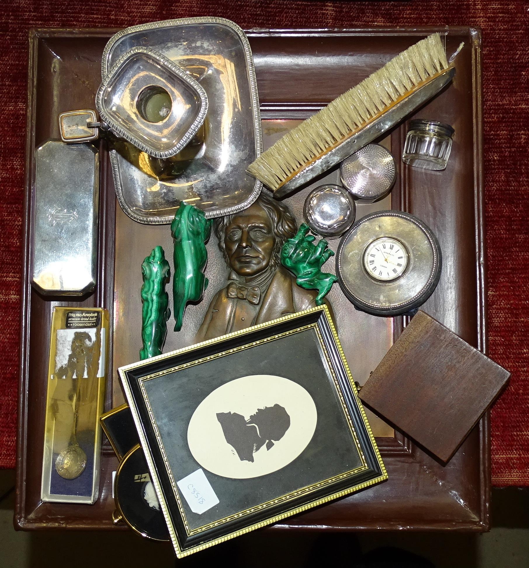 A small collection of silver-topped dressing table items, a copper plaque with relief-pressed bust