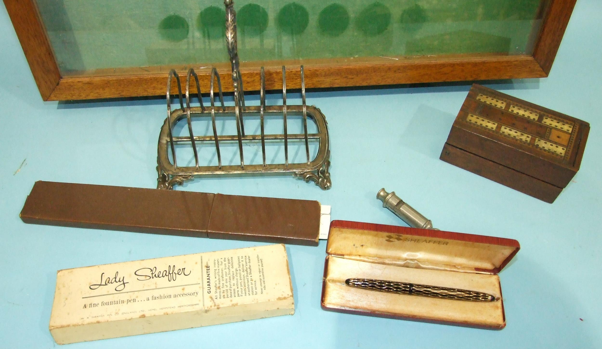 A Lady Sheaffer fountain pen in box and outer case, a plated toast rack, an Emca Boy Scout - Image 2 of 3