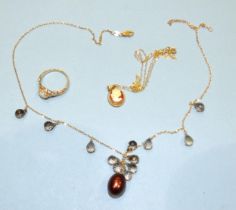 A 14k gold ring set opal, size L, 1.8g, a 14k gold necklace with dyed pearl and glass drops and a