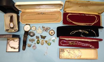 A lady's Accurist 9ct-gold-cased wrist watch on plated bracelet, other wrist watches and costume