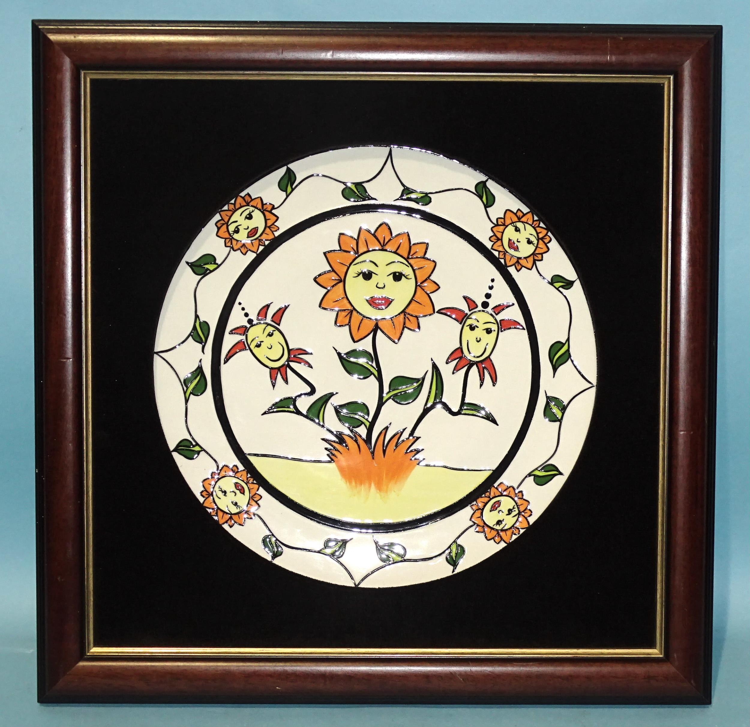 Lorna Bailey, a studio ceramic sunflower-decorated framed charger, no.23/25, 30cm diameter, - Image 2 of 3