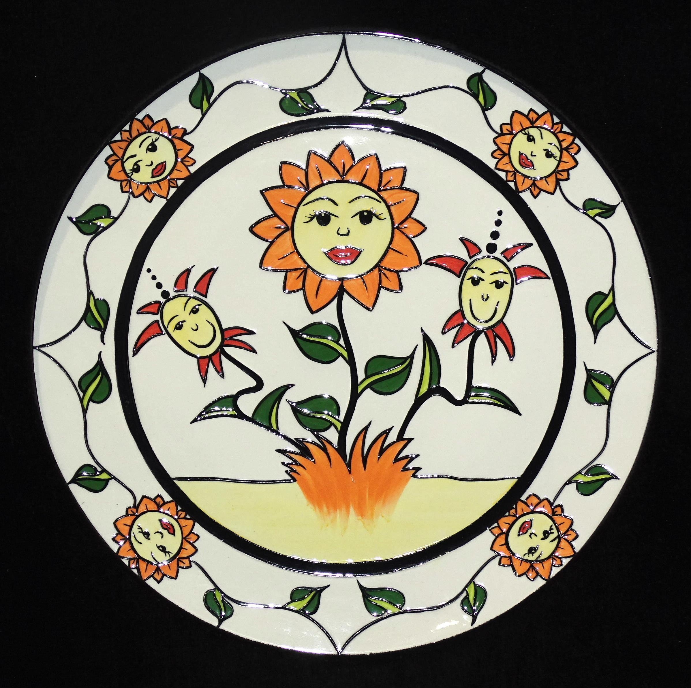 Lorna Bailey, a studio ceramic sunflower-decorated framed charger, no.23/25, 30cm diameter,