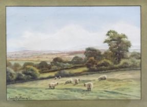 George Oyston, 'Sheep grazing with cottage, trees and landscape in the distance' a signed