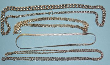 A silver neck chain of graduated curb links and three other silver neck chains, 213g, ___6.97oz.