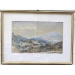 E Tucker, 'Figures and bull in a landscape', a signed watercolour, 30 x 50cm, (faded), another '