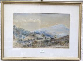 E Tucker, 'Figures and bull in a landscape', a signed watercolour, 30 x 50cm, (faded), another '