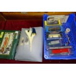 A collection of Concorde souvenir items, three Bucks lace bobbins, various diecast toys and