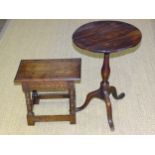 A rectangular oak joint stool, 46cm long and an antique oak rustic tripod table (a/f), (2).