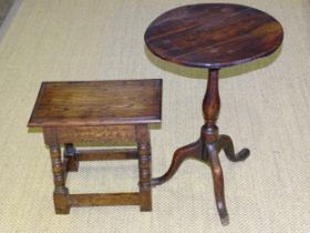 A rectangular oak joint stool, 46cm long and an antique oak rustic tripod table (a/f), (2).