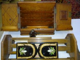 An Edwardian oak stationery box, a Burmese carved wood figure of an elderly woman, 100cm high (a/f),