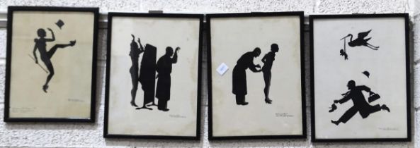 A collection of four framed Scherenschnitte 'cut-outs', three with medical themes, 30 x 22cm, one