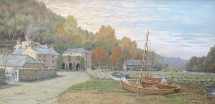 Alan Armstrong, 'Cotehele Quay', an oil on canvas painting depicting buildings, boats and the