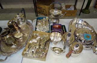 Various plated tea services, a spirit kettle and a collection of plated king's pattern flatware.