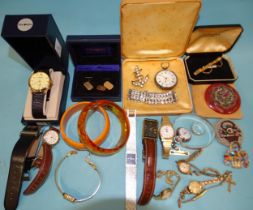 A silver hinged bangle, a silver-cased pocket watch (a/f) and a quantity of watches and costume