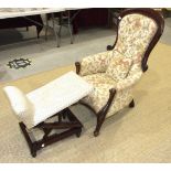 A Victorian button-back salon chair with carved frame and serpentine seat, a late-Victorian