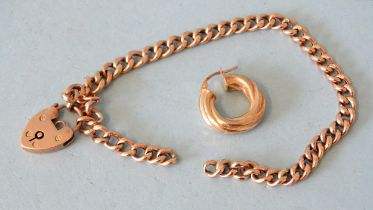 A 9ct gold curb-link bracelet with padlock clasp, (chain broken) and a single earring, 8.5g.