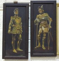 A pair of unsigned oil on board paintings depicting knights in armour, each 41 x 17cm, (2).