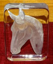 A Daum France glass paperweight depicting a horse's head in relief, 13 x 10cm and a Waterford