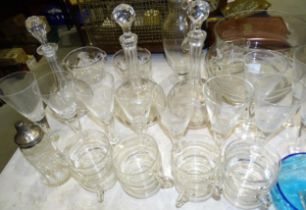 A pair of Victorian glass decanters, ten Champagne flutes and other glassware.