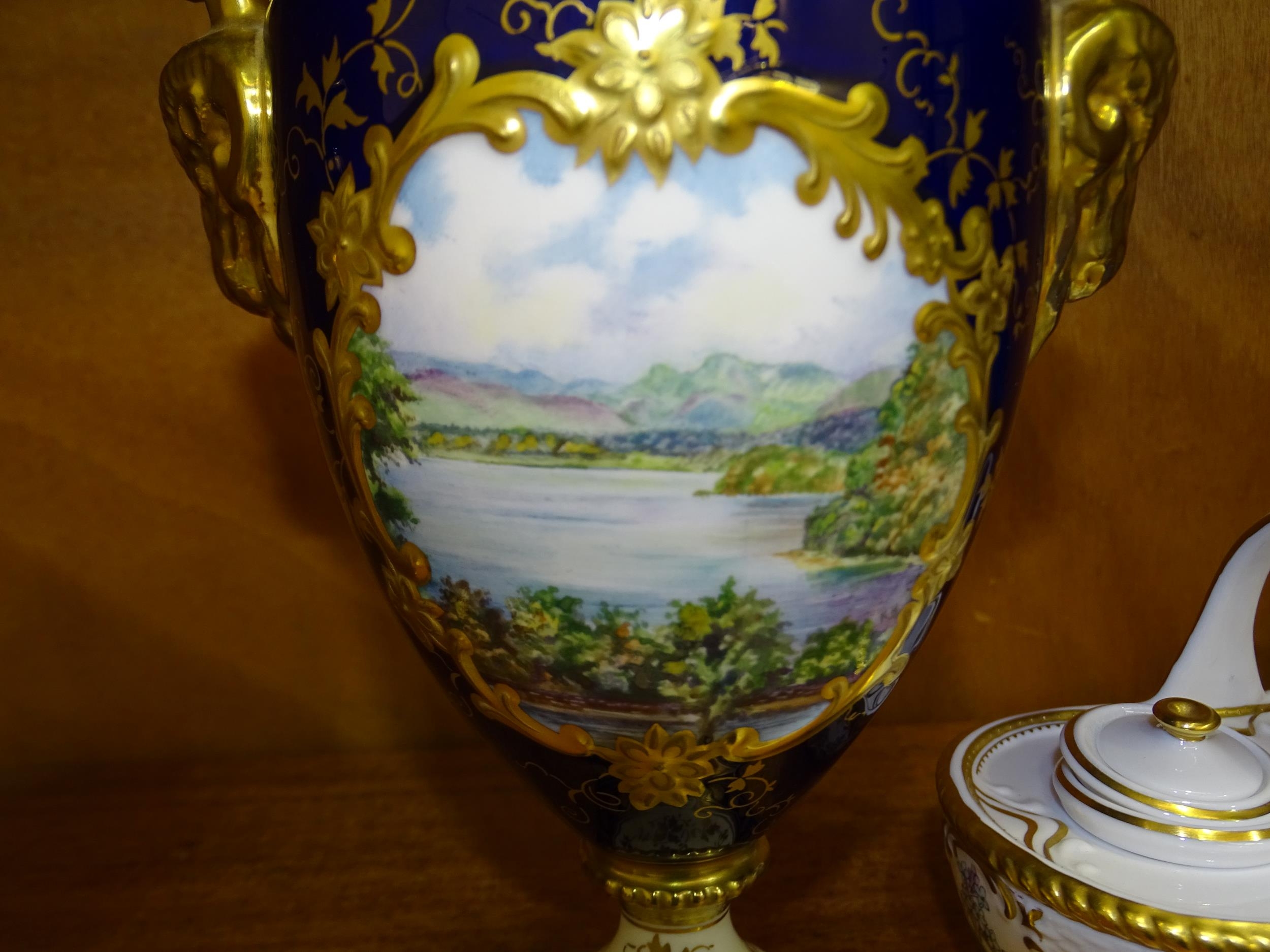 A Coalport Keith Hancock vase and cover "Windermere", the painted lake scene within deep blue and - Image 5 of 7